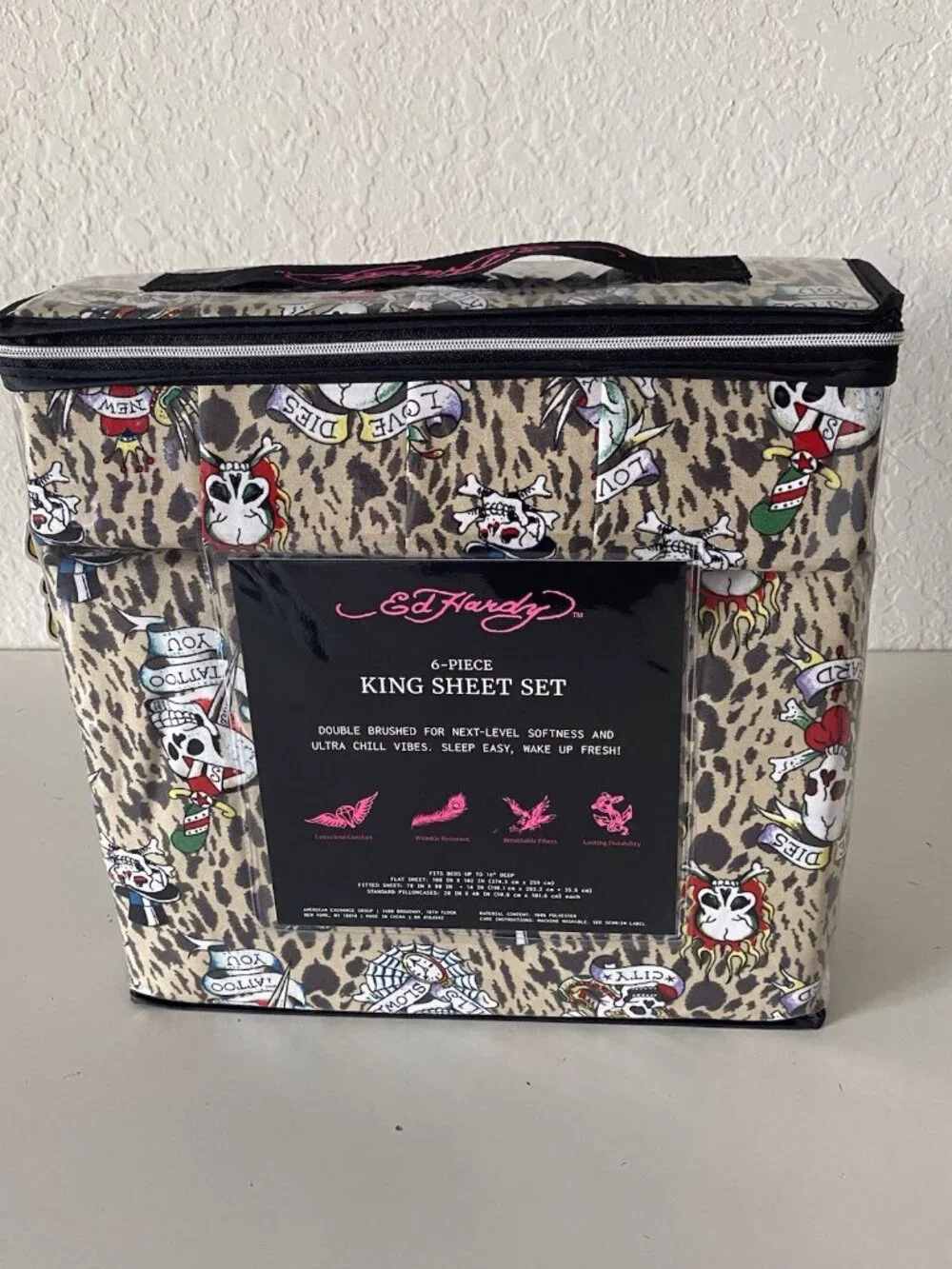 6 PC Ed Hardy KING SIZE Sheet Set Skulls Heart Leopard Animal Print NEW